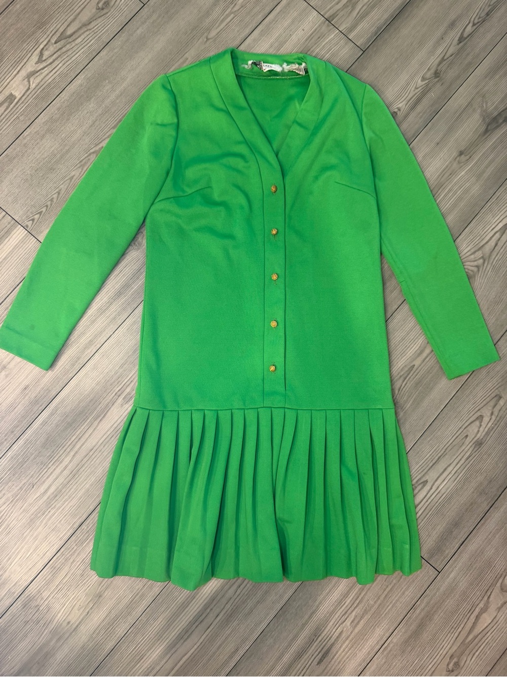 Vintage Bright Green Button-Front Pleated Mini Dress Size Medium